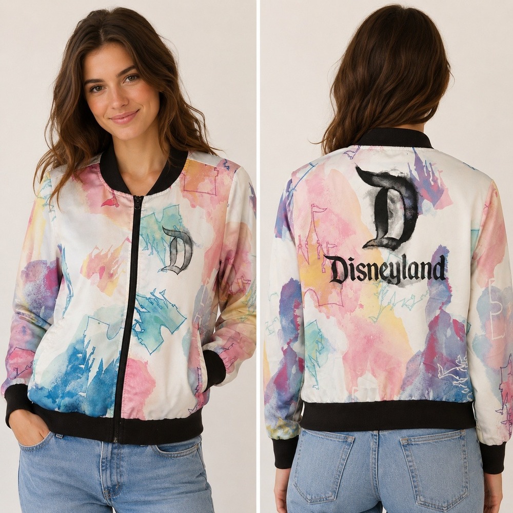Disney Parks Disneyland Watercolor Bomber Jacket Women Medium Pastel Full Zip